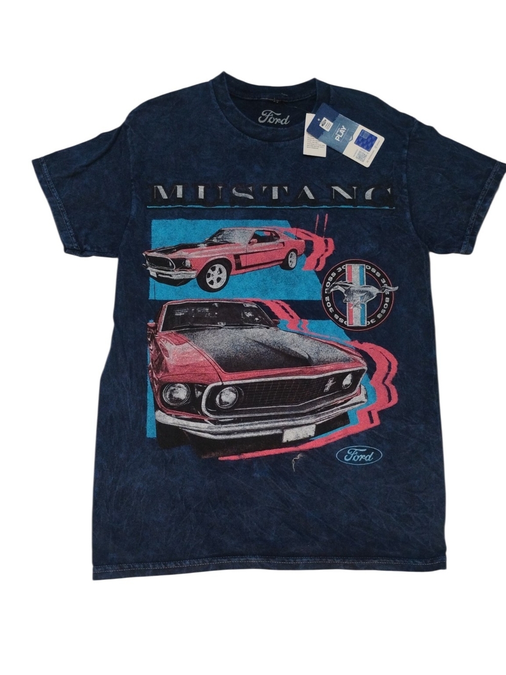 Ford Navy Graphic Mustang Tee with Pink & Turquoise Accents SZ S NWT